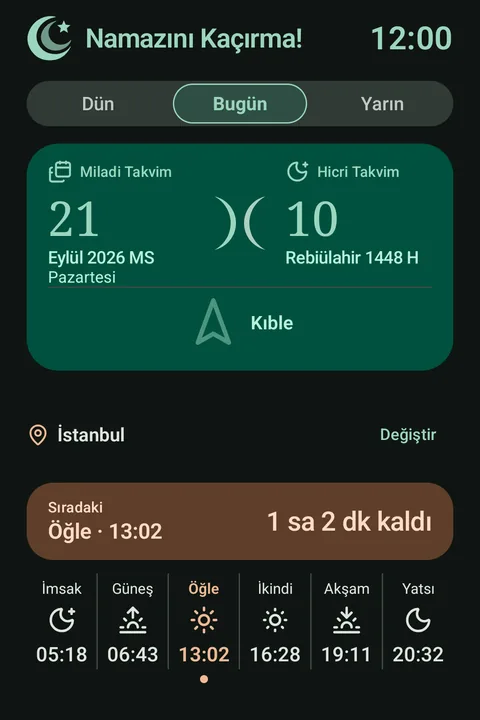 Bugün ekranı, Zümrüt teması koyu görünüm.