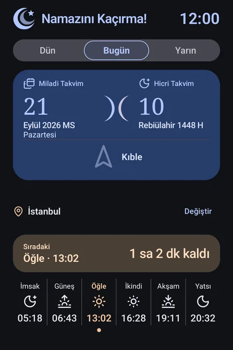 Bugün ekranı, Gece teması koyu görünüm.