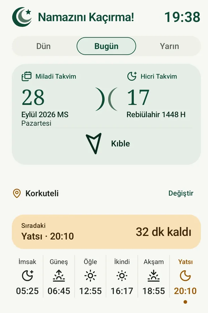 Bugün ekranı: Miladi ve Hicri tarih yan yana, kıble oku, sıradaki vakte kalan süre ve altı vakit tek satırda.